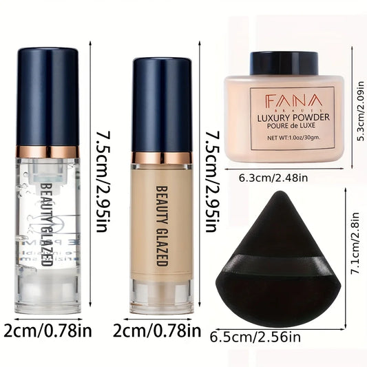 4-Piece Travel Face Makeup Set – Foundation, Primer, Powder & Sponge