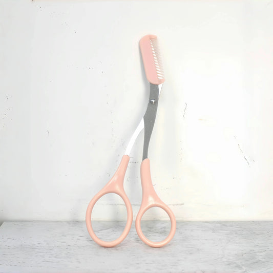 Pink eyebrow trimming scissors with built-in comb - stainless steel, precise grooming tool, creating perfect eyebrows Cindorium