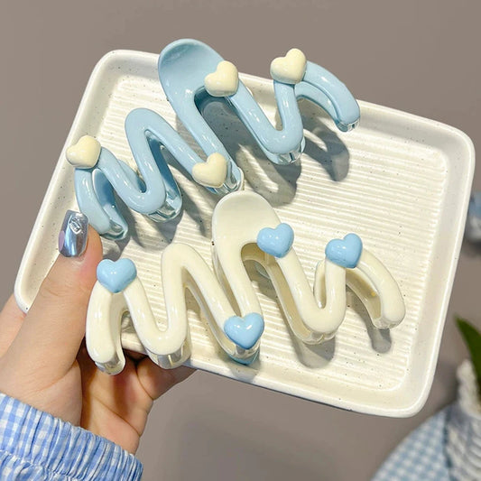 10.5cm Blue Heart Wave Shaped Hair Claw Cream Color Clips for Women Sweet Cute Irregular Shark Clip Large Ponytail Clip Hairpins Cindorium
