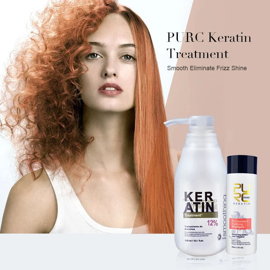 PURC 300ml Brazilian Keratin Hair Treatment & 100ml Purifying Shampoo Set Professional Straightening Repair Frizz Dry Hair Care  Cindorium