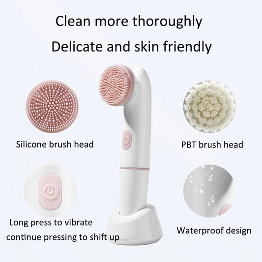 Electric Silicone Face Cleansing Brush Waterproof 2 in 1 Double Head, Sonic Vibration Facial Pore Cleaner Skincare Beauty Tool  Cindorium