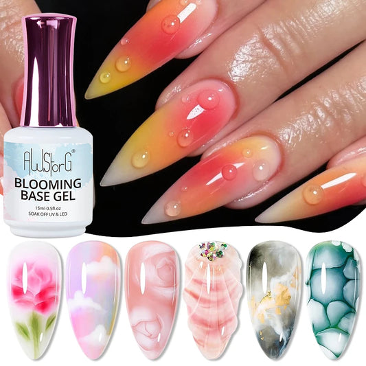AWStorG 15ML Clear 2 In 1 Blooming Base Gel Nail Polish Semi Permanent UV Spreading Effect Marble NailPolish Watercolor Manicure  Cindorium