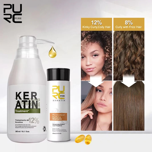 PURC 300ml Brazilian Keratin Hair Treatment & 100ml Purifying Shampoo Set Professional Straightening Repair Frizz Dry Hair Care  Cindorium