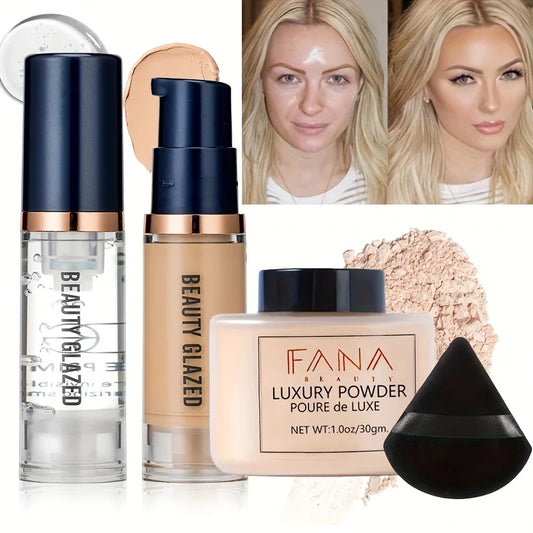 4-Piece Travel Face Makeup Set – Foundation, Primer, Powder & Sponge