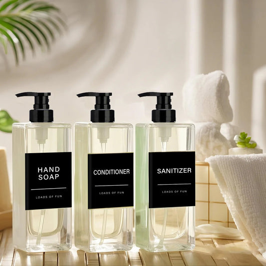 500ml Square Clear Soap Dispenser Set Waterproof Black Labels Empty Hand Pump Bottle Refillable Liquid Lotion Shampoo Container  Cindorium