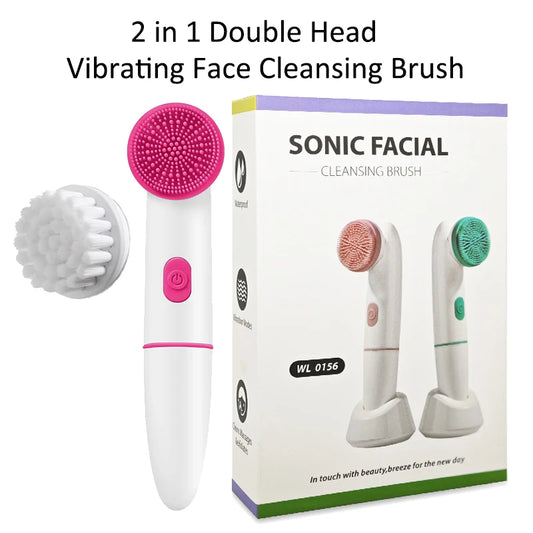 Electric Silicone Face Cleansing Brush Waterproof 2 in 1 Double Head, Sonic Vibration Facial Pore Cleaner Skincare Beauty Tool  Cindorium