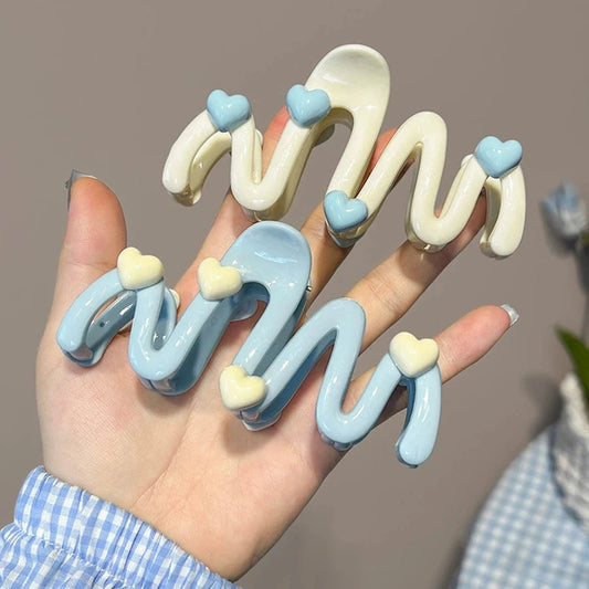 10.5cm Blue Heart Wave Shaped Hair Claw Cream Color Clips for Women Sweet Cute Irregular Shark Clip Large Ponytail Clip Hairpins  Cindorium