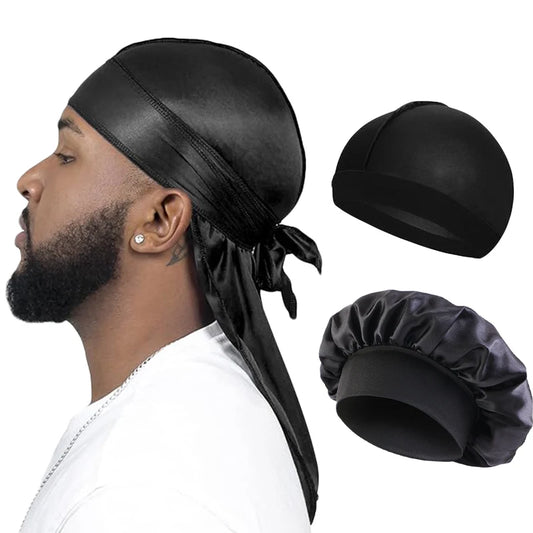 Silky Durag & Wave Cap Set – Long Tail, Satin Bonnet & Turban | 3-Pack, 7 Colors