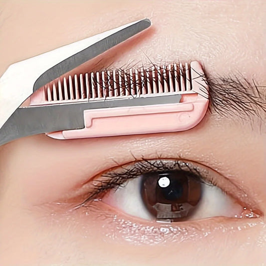 Pink eyebrow trimming scissors with built-in comb - stainless steel, precise grooming tool, creating perfect eyebrows  Cindorium