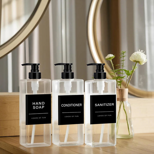 500ml Square Clear Soap Dispenser Set Waterproof Black Labels Empty Hand Pump Bottle Refillable Liquid Lotion Shampoo Container  Cindorium